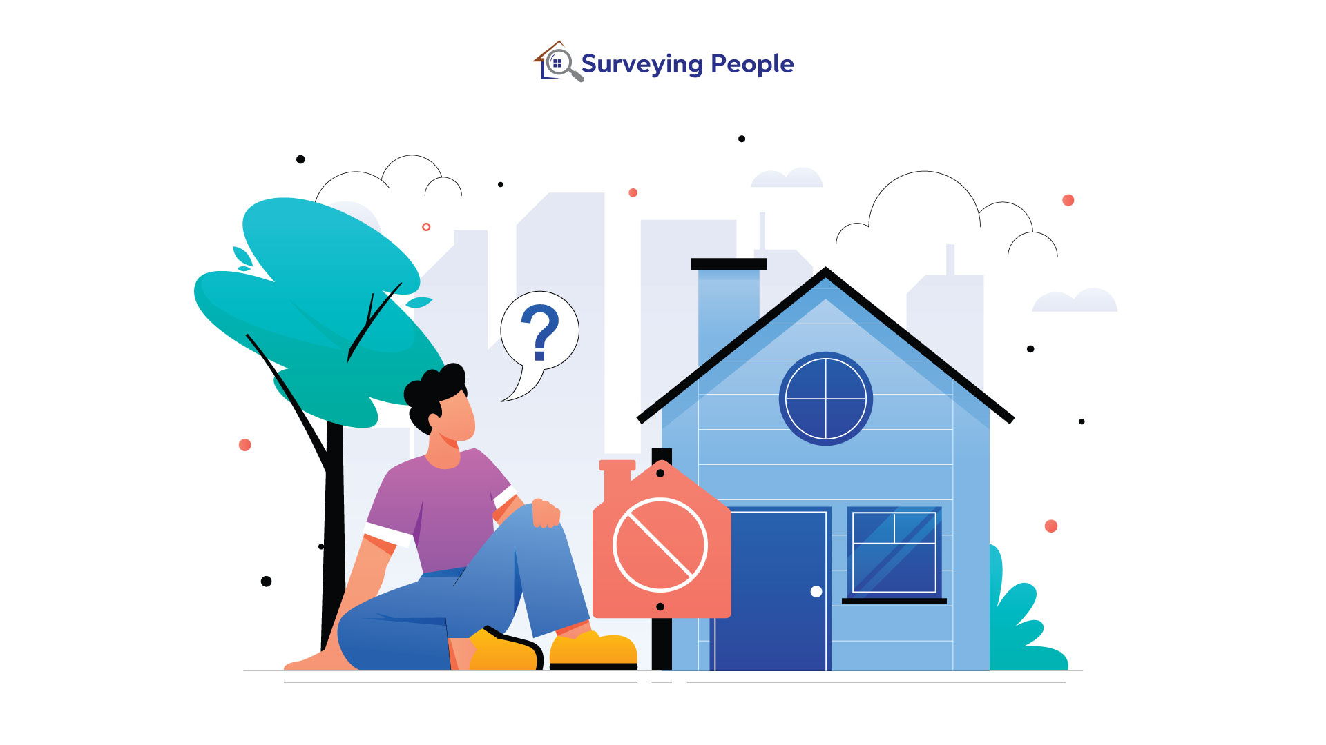 Person thinking about home survey problems next to house illustration – Surveying People